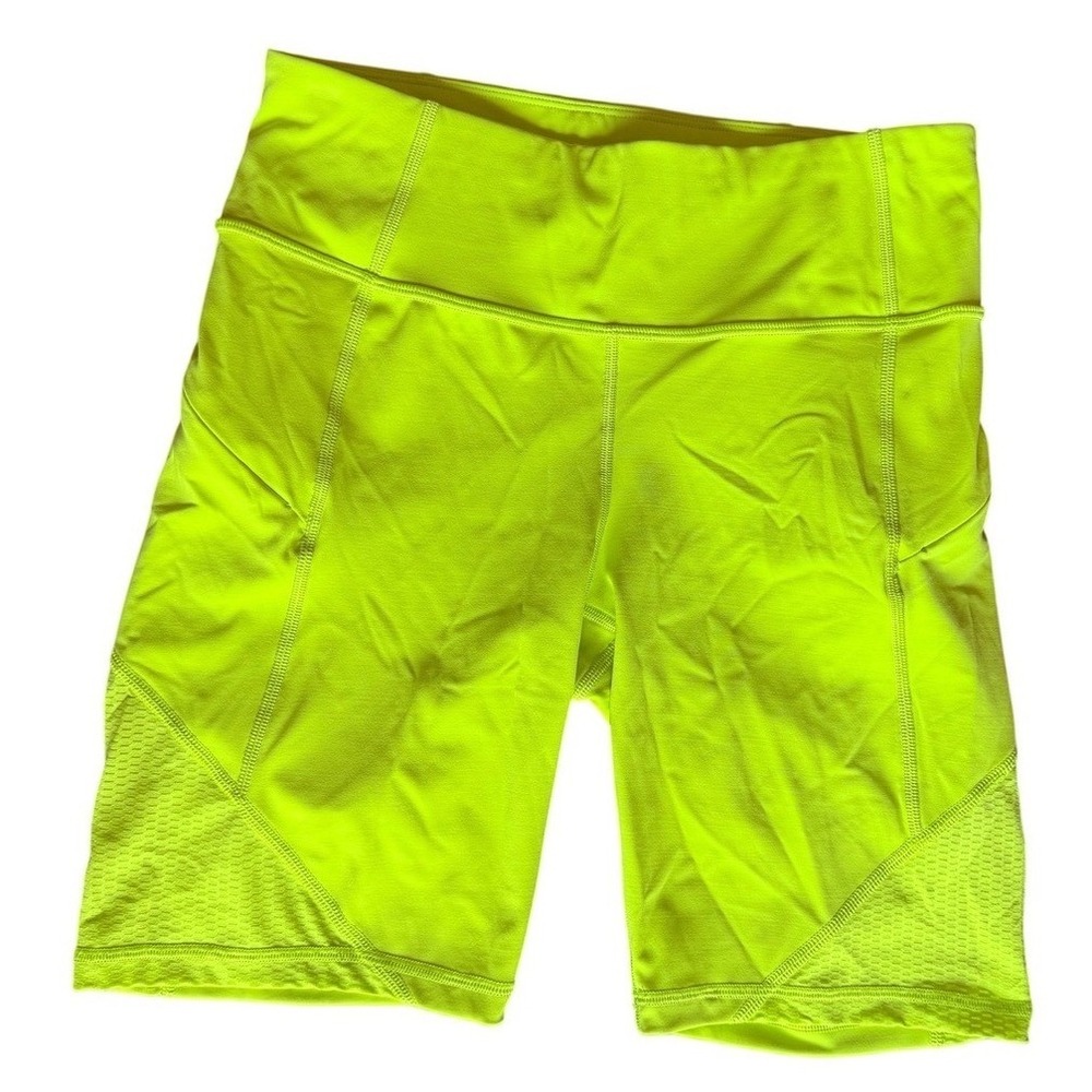 Athleta Womens Neon Yellow Mesh Panel Biker Shorts Side Pockets Size S